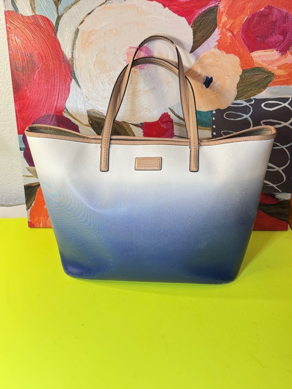 Coach Tote hand large bag Ombre Blue and White Tote with Tan Trim
